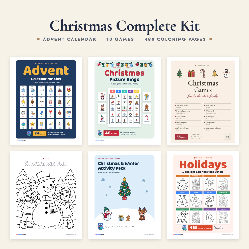 Christmas complete kit: six real pages, the advent calendar cover, the Christmas picture bingo cover, the Christmas games cover, a snowman coloring page, the winter activity pack cover and the holiday and seasons coloring bundle cover
