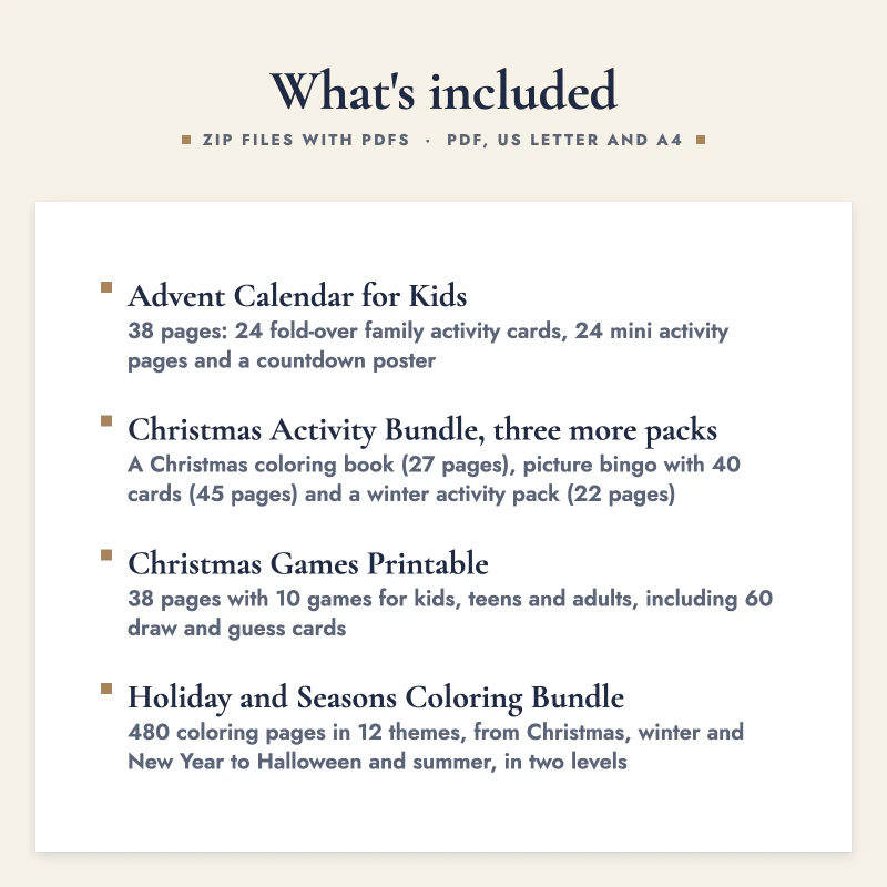 List of what is included in Christmas Complete Kit: Advent Calendar for Kids, Christmas Activity Bundle, three more packs, Christmas Games Printable, Holiday and Seasons Coloring Bundle.