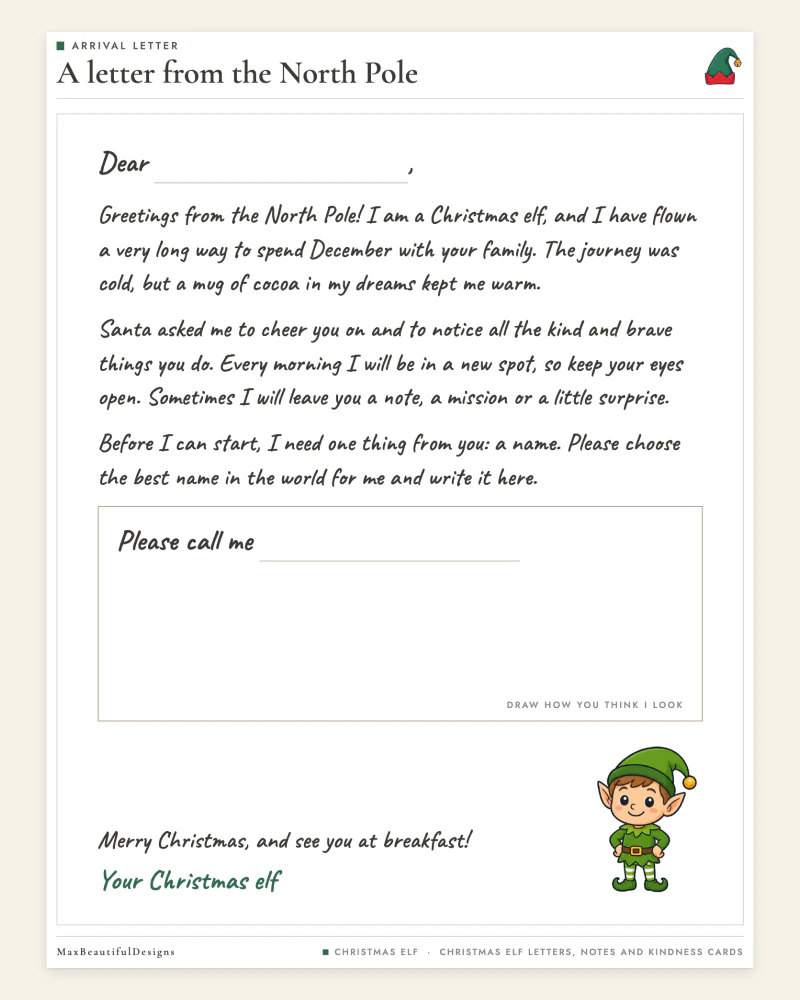 The arrival letter with a box to name the elf, for the morning of December 1