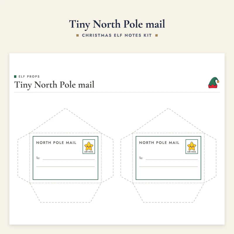 Cut-out envelope shapes for tiny North Pole mail, with a stamp and address lines