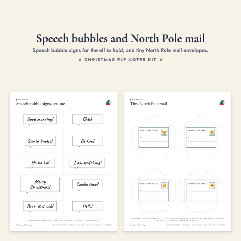 A page of speech bubble signs such as Good morning and Ho ho ho next to tiny envelope shapes