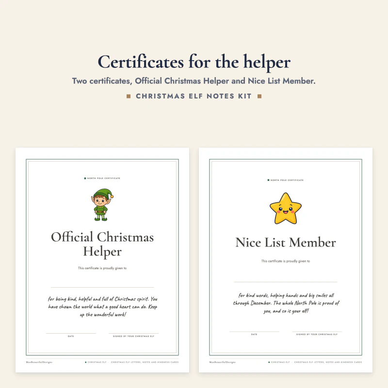 Two certificate pages with an elf and a star