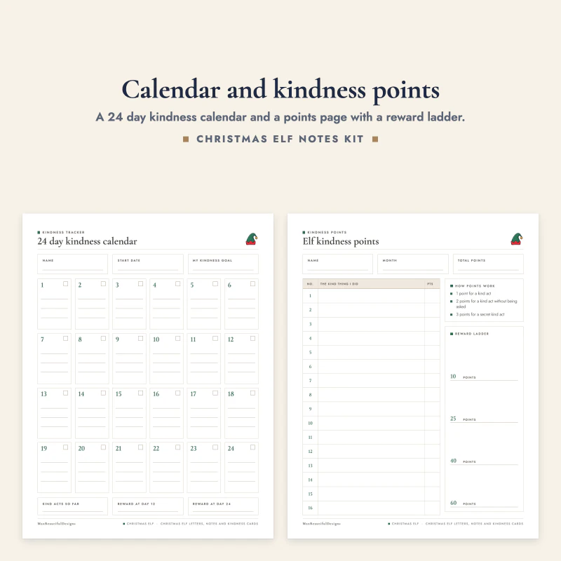 A 24 day calendar grid next to an elf kindness points page