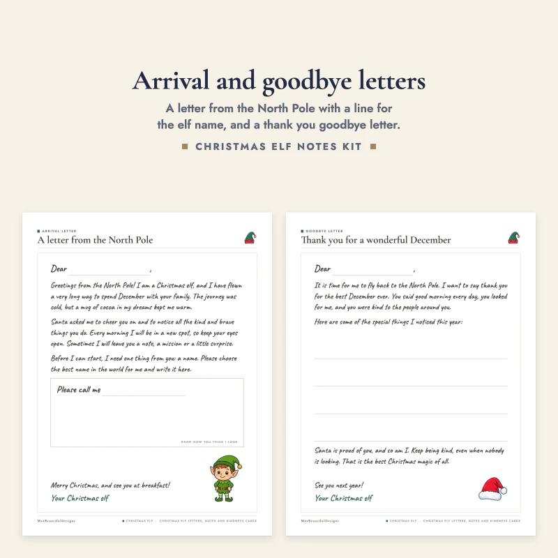 The arrival letter with a box to name the elf next to the thank you goodbye letter