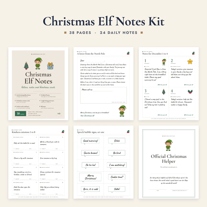 Christmas elf notes kit: the cover and five real pages, the arrival letter, daily elf notes, kindness mission cards, speech bubble signs and a helper certificate