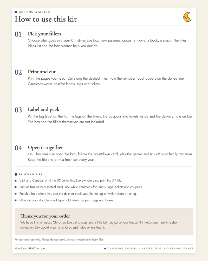 Top of the how to use page: four steps to pick fillers, print and cut, label and pack, and open together