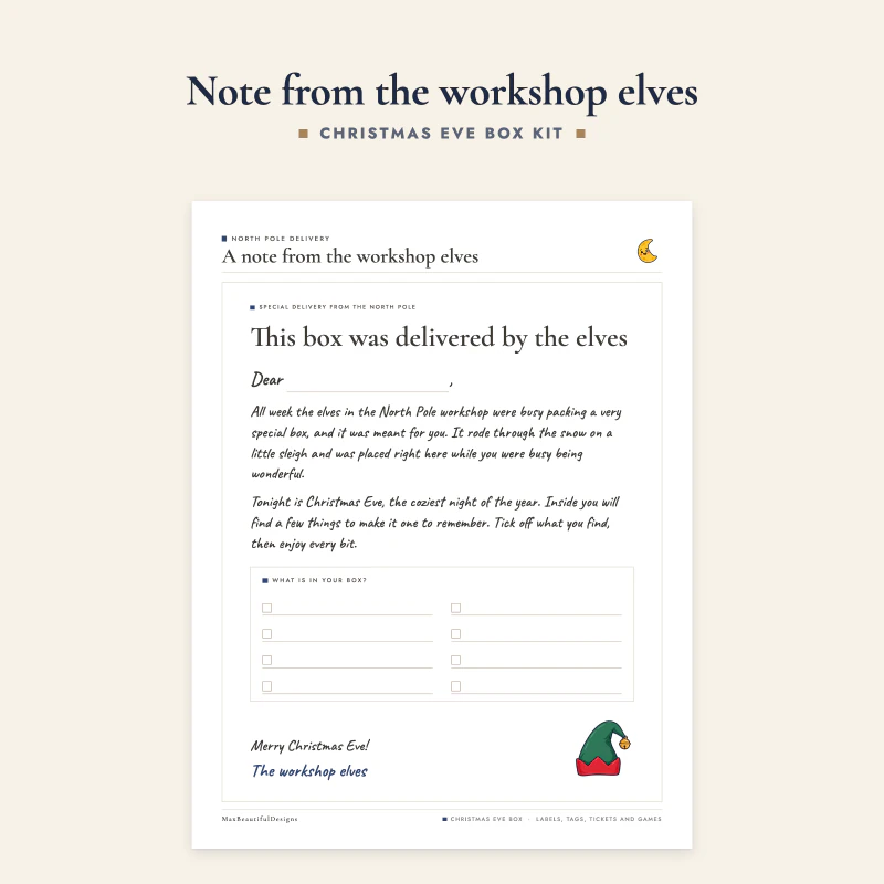 A North Pole delivery note with a name line and a tick list for what is in the box