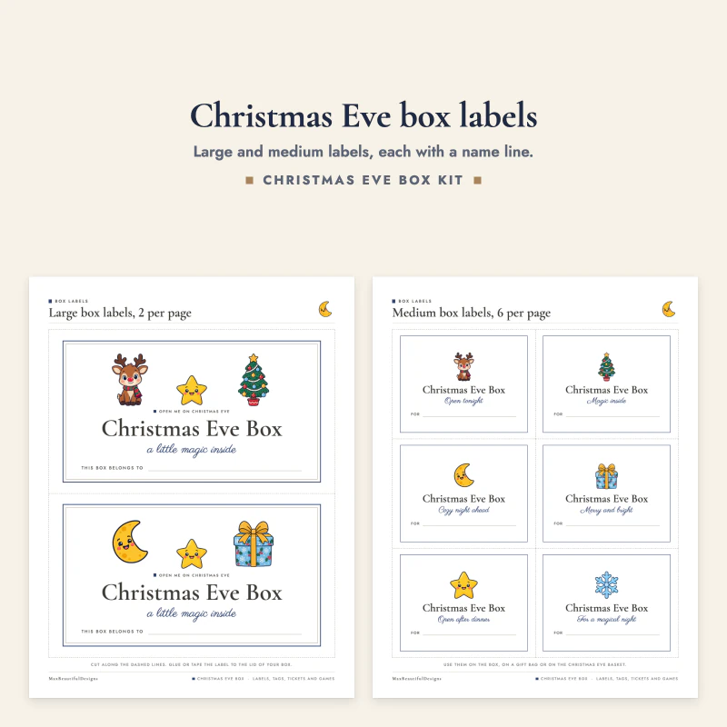 A page with two large Christmas Eve Box labels next to a page of six medium labels
