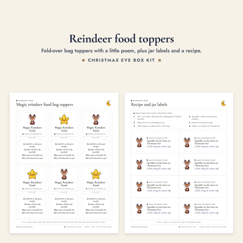 Reindeer food bag toppers next to the recipe and jar labels page