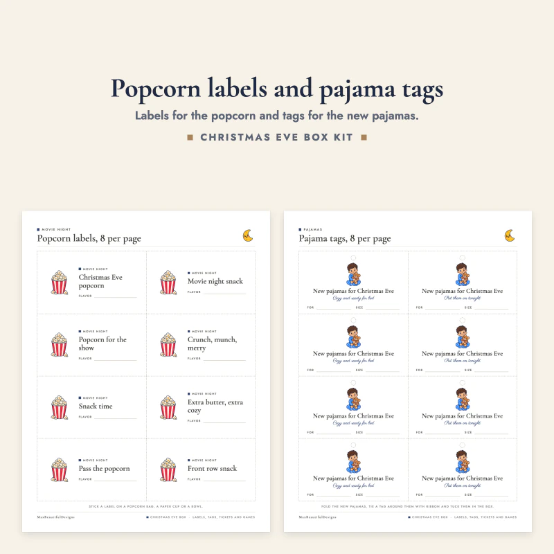 Popcorn labels with a popcorn drawing next to pajama tags with a child in pajamas