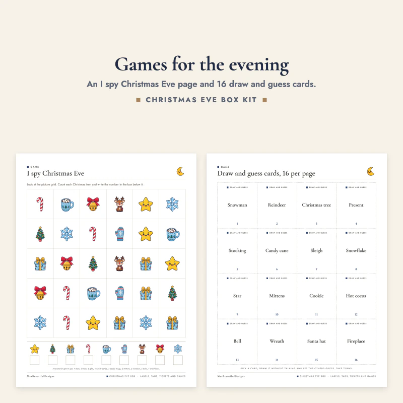 An I spy picture grid with a count row next to a page of draw and guess word cards