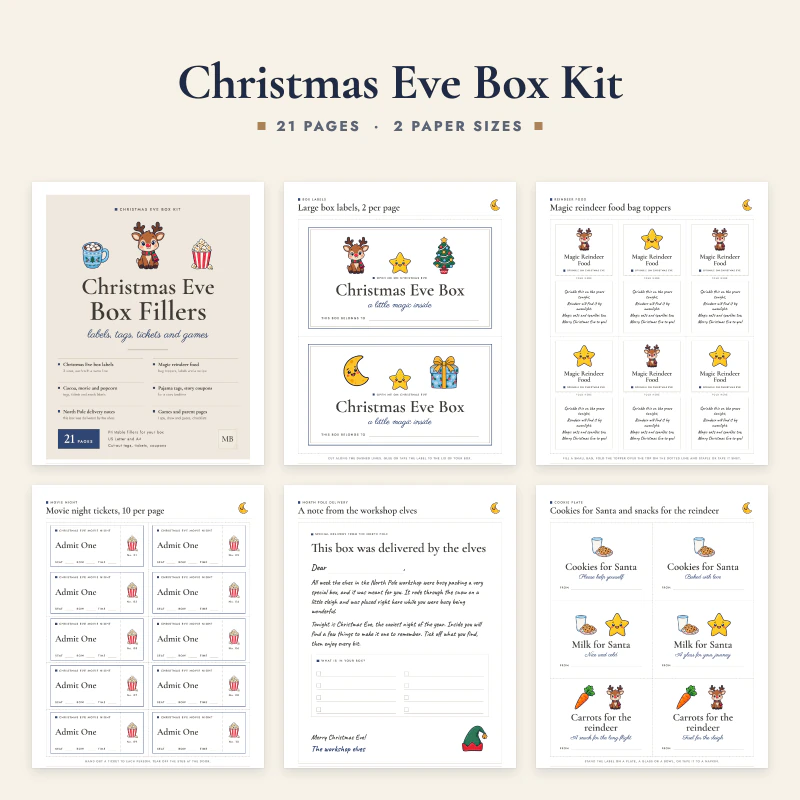Christmas Eve box kit: the cover and five real pages, large box labels, reindeer food toppers, movie night tickets, a North Pole delivery note and cookie plate labels