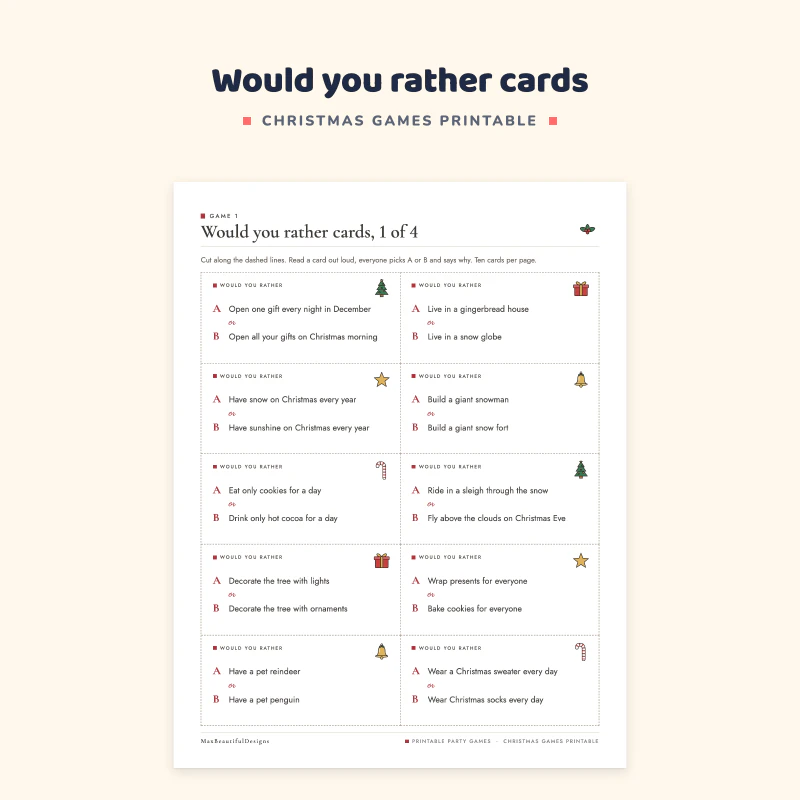 Close view of would you rather cards with A and B choices about Christmas morning, snow and cookies, each card with a small festive icon