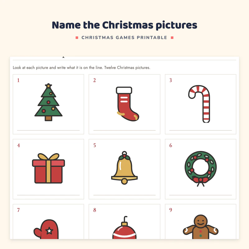 Close view of the What is the picture page: twelve numbered drawings such as a tree, stocking, candy cane, gift, bell and wreath to name