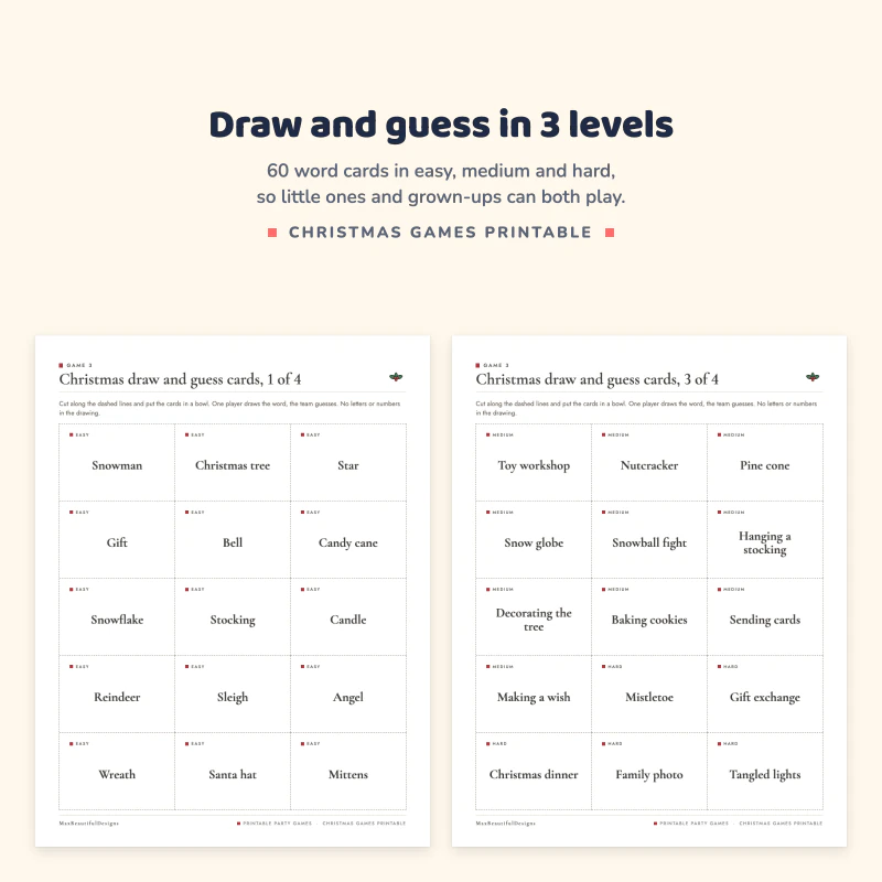 Draw and guess cards pages with words like Snowman, Star and Cookie next to harder words like Toy workshop and Nutcracker