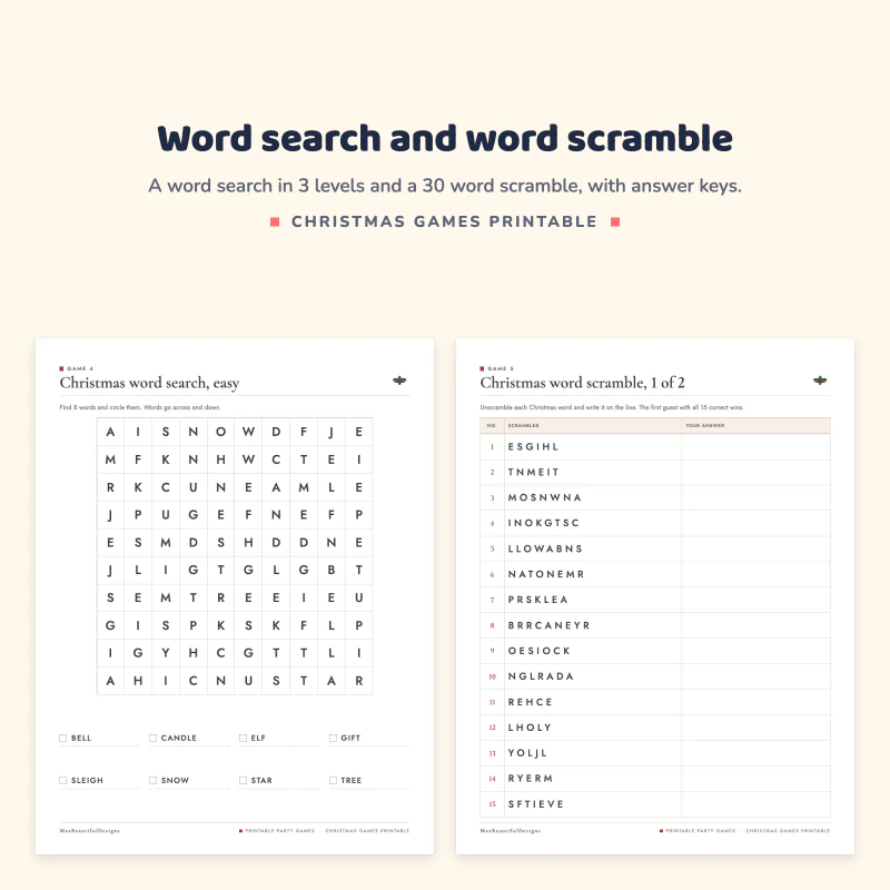 An easy Christmas word search with a word list next to a word scramble page with letters to unscramble