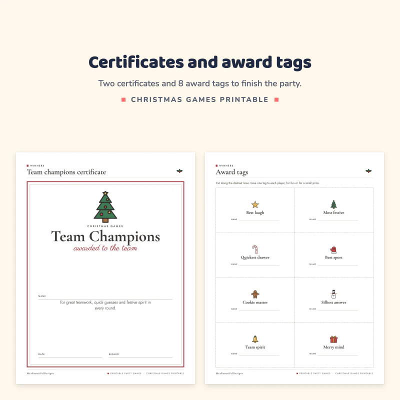 Team champions certificate with a Christmas tree next to a page of eight award tags