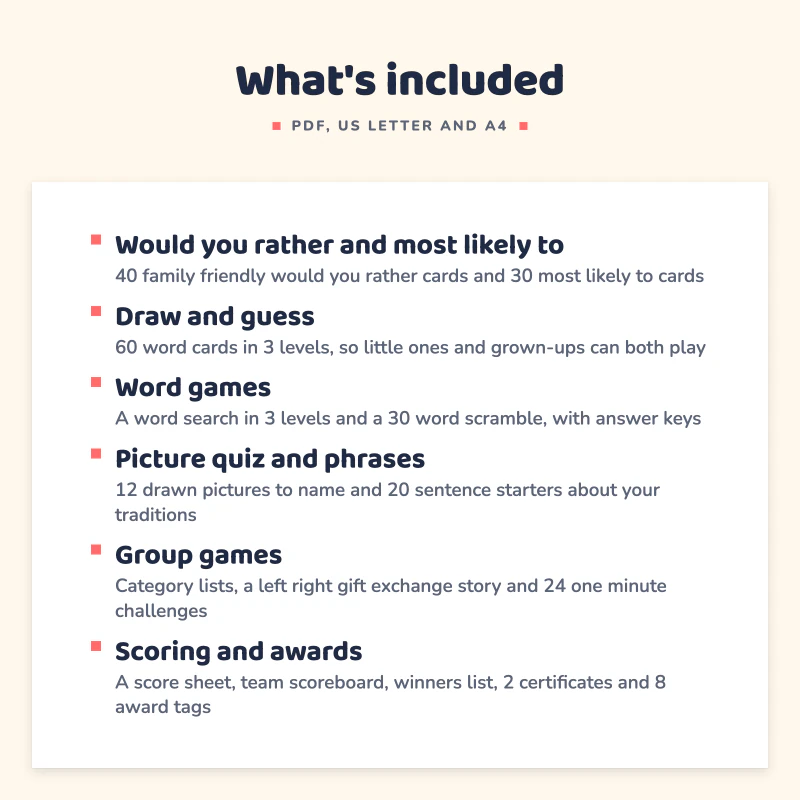 List of what is included in Christmas Games Printable: Would you rather and most likely to, Draw and guess, Word games, Picture quiz and phrases, Group games, Scoring and awards.