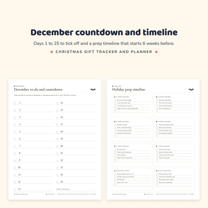 December to-do and countdown page with days 1 to 25, next to a holiday prep timeline with checklists by weeks before