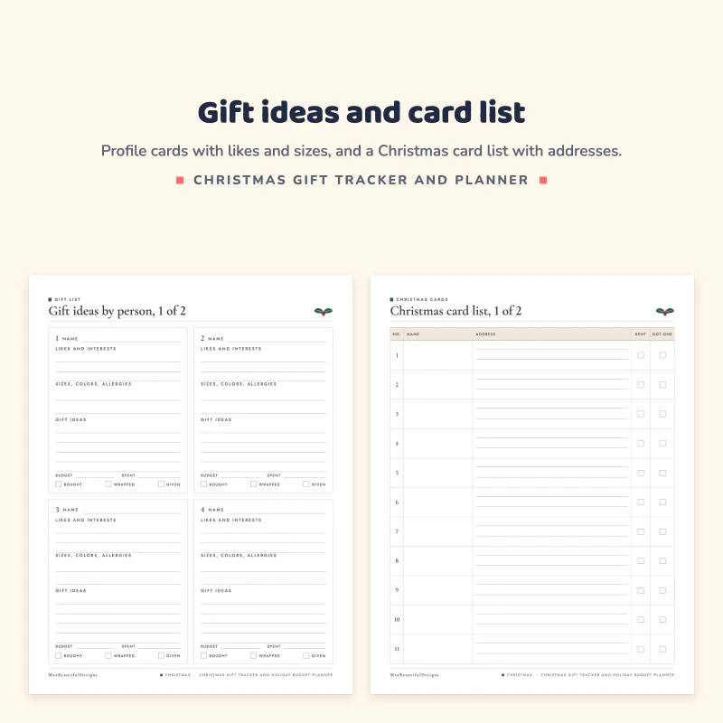 Gift ideas by person page with four profile cards, next to a Christmas card list with numbered name and address rows
