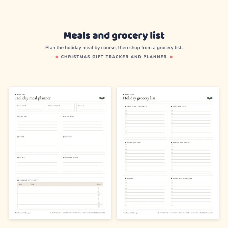 Holiday meal planner with starters, main dish, sides and dessert boxes, next to a holiday grocery list by food group