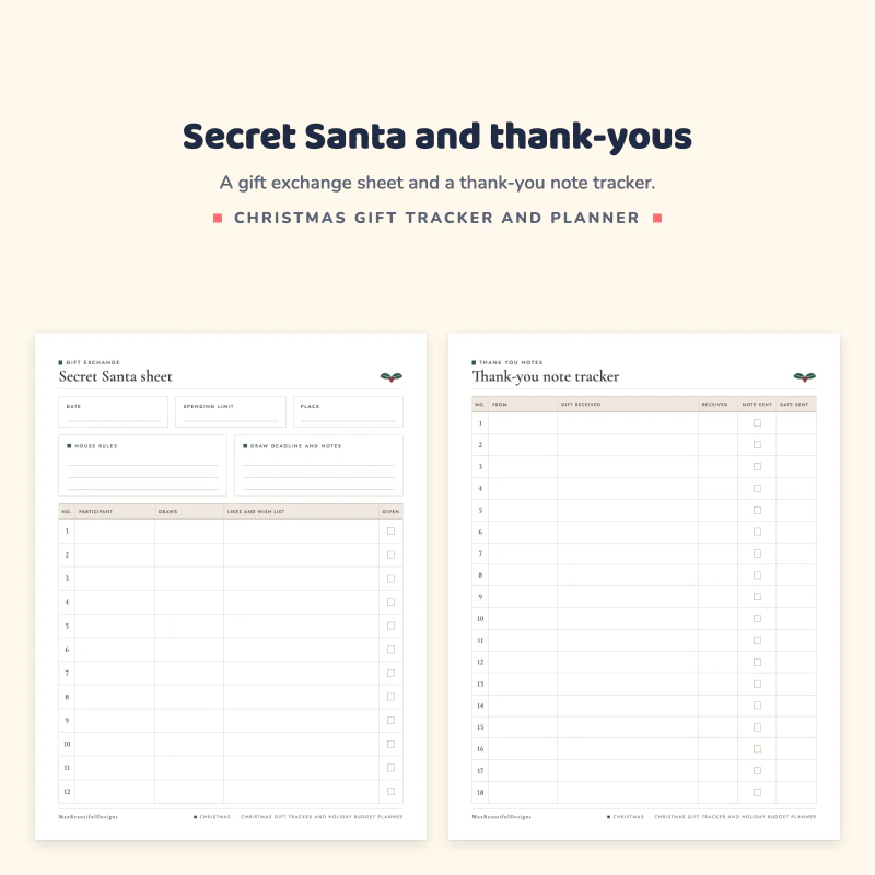 Secret Santa sheet with rules and participant rows, next to a thank-you note tracker with numbered rows