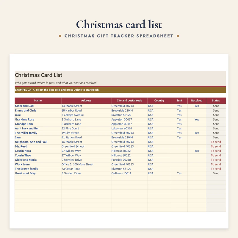 Christmas Card List sheet up close: names, addresses, Yes columns for Sent and Received and a status of Sent or To send