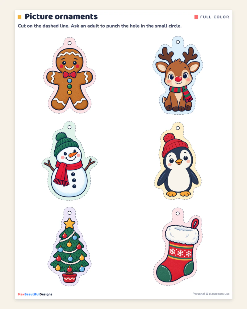 Top of the picture ornaments page: gingerbread man, reindeer, snowman and penguin ornaments with dashed cut lines and hanging tabs
