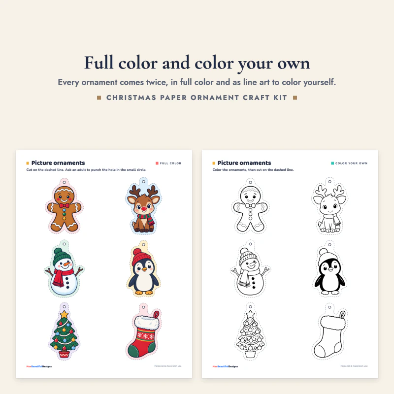 Picture ornaments in color next to the same ornaments as black and white line art