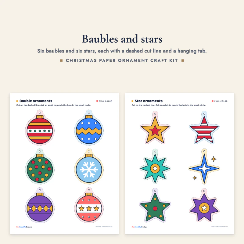 A page of six colorful baubles next to a page of six colorful stars