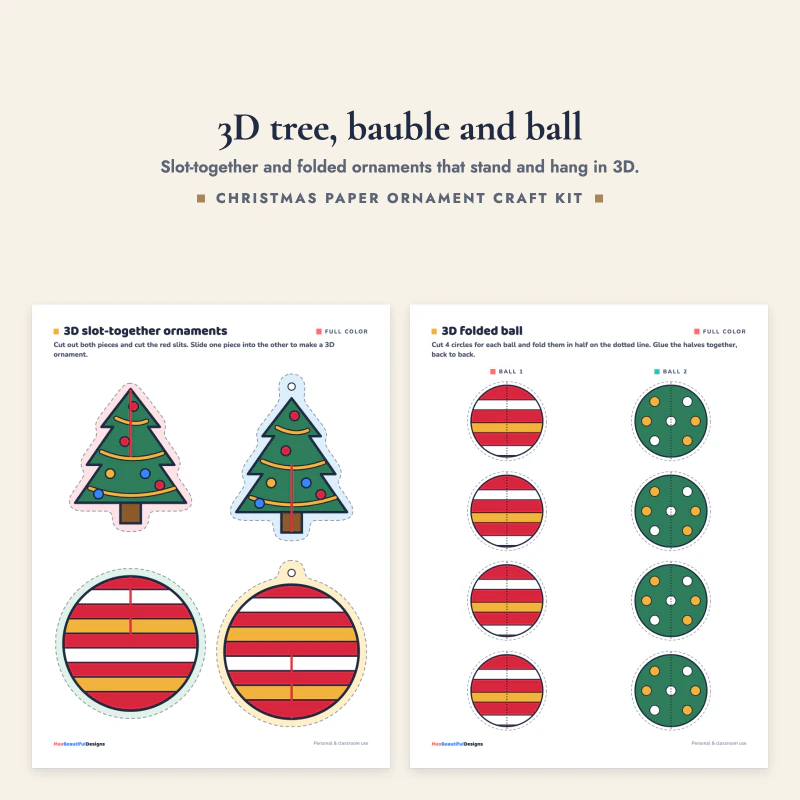 A slot-together Christmas tree and bauble page next to a 3D folded ball page with striped and dotted circles