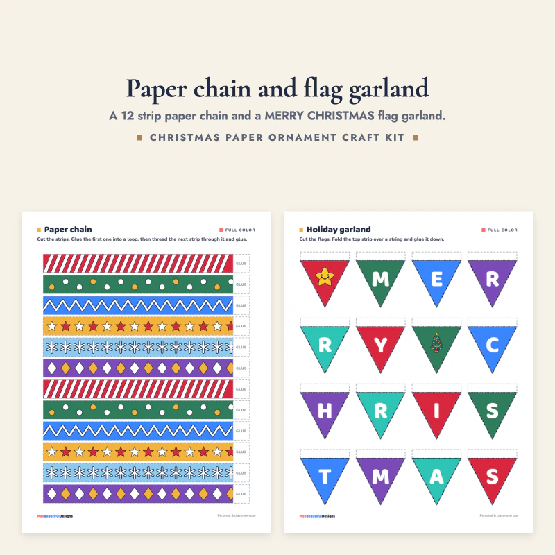 Colorful paper chain strips next to triangle flags spelling MERRY CHRISTMAS