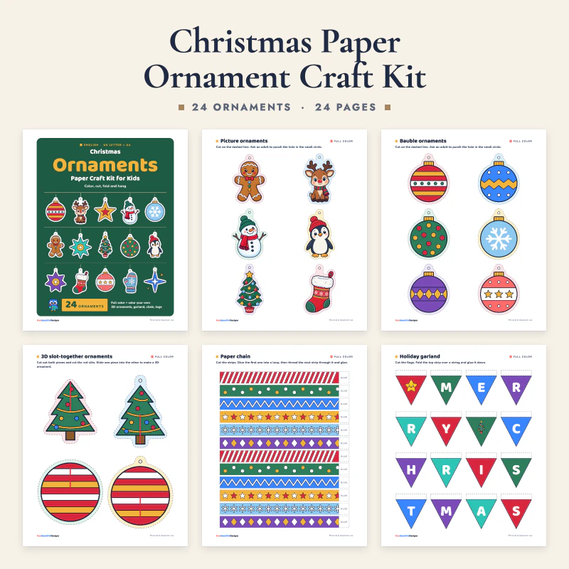 Christmas paper ornament kit: the cover, picture ornaments, colorful baubles, slot-together 3D tree and bauble, a paper chain and a MERRY CHRISTMAS flag garland