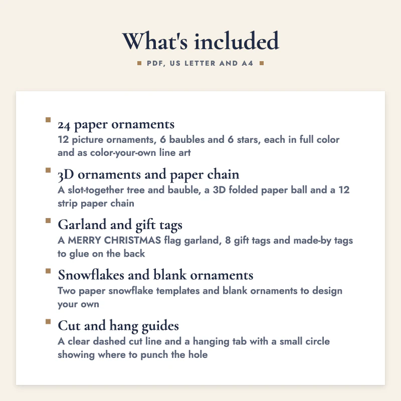 List of what is included in Christmas Paper Ornament Craft Kit: 24 paper ornaments, 3D ornaments and paper chain, Garland and gift tags, Snowflakes and blank ornaments, Cut and hang guides.