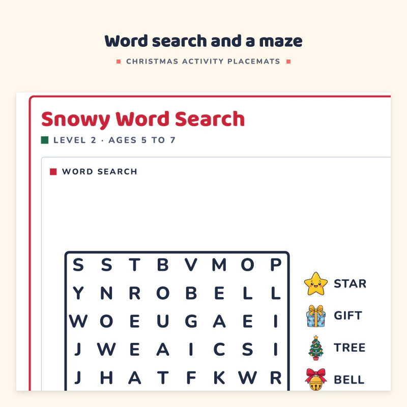 Left side of the Snowy Word Search placemat: a letter grid with a word list of star, gift, tree, bell, hat and snow, and a find the way maze