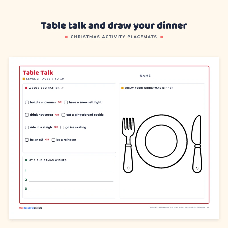 Left side of the Table Talk placemat: would you rather questions with tick boxes and lines to write answers