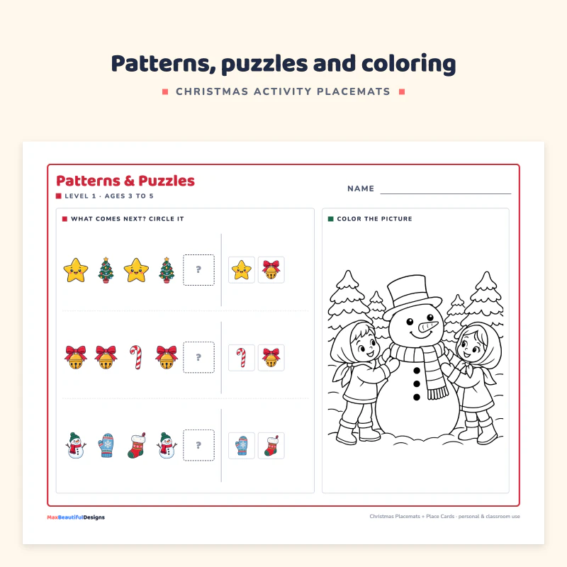 Patterns and Puzzles placemat: pattern rows to complete and a snowman with children to color