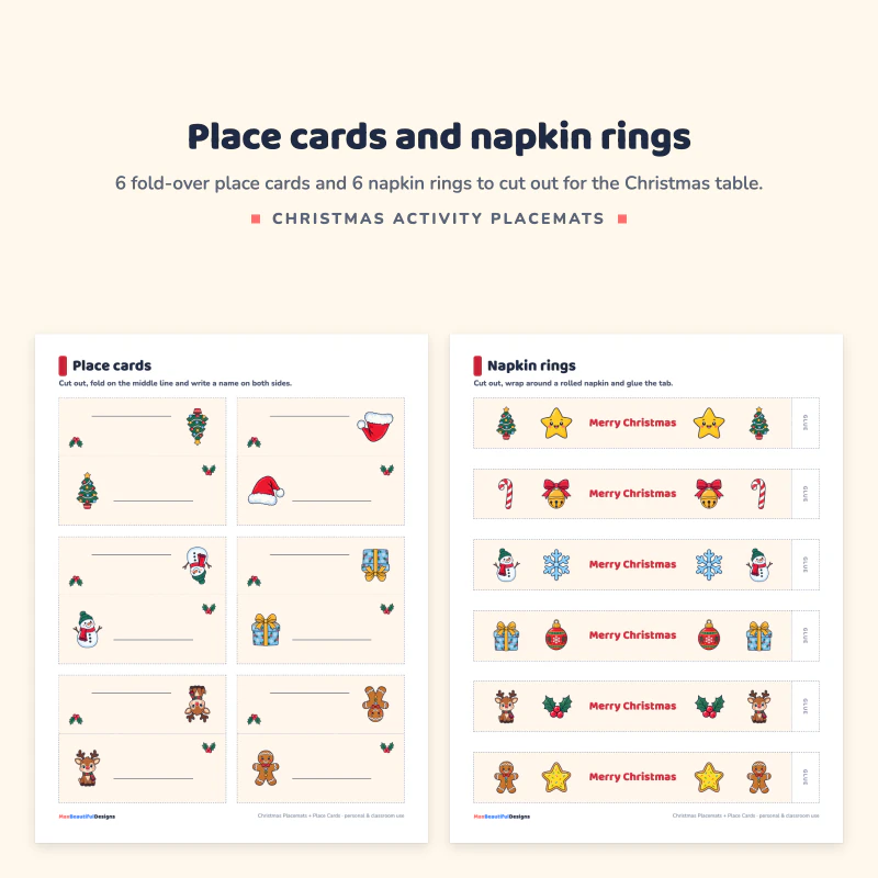 A place cards page with fold-over cards with a name line next to a napkin rings page with Merry Christmas strips