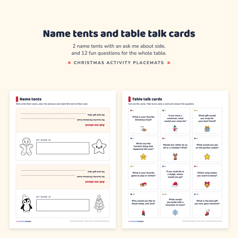 Name tents with a my name is box next to a page of 12 table talk question cards