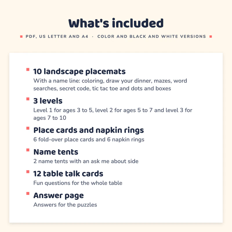 List of what is included in Christmas Activity Placemats: 10 landscape placemats, 3 levels, Place cards and napkin rings, Name tents, 12 table talk cards, Answer page.
