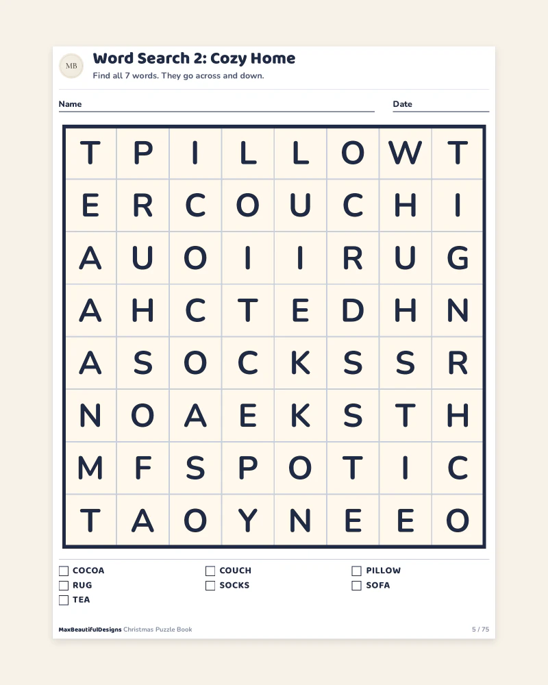 Top of the Cozy Home word search page with a letter grid and the word list below it