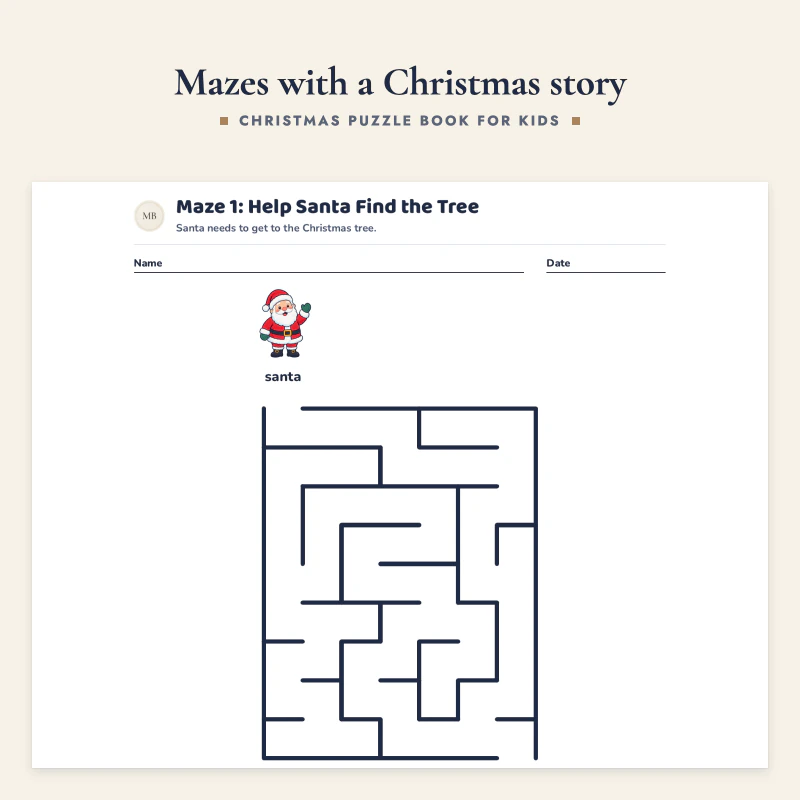 Top of the Help Santa Find the Tree maze with Santa at the start of a square maze and a tree at the finish