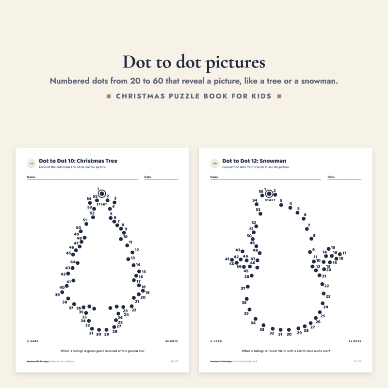 Christmas tree dot to dot with dots numbered 1 to 55 next to a snowman dot to dot