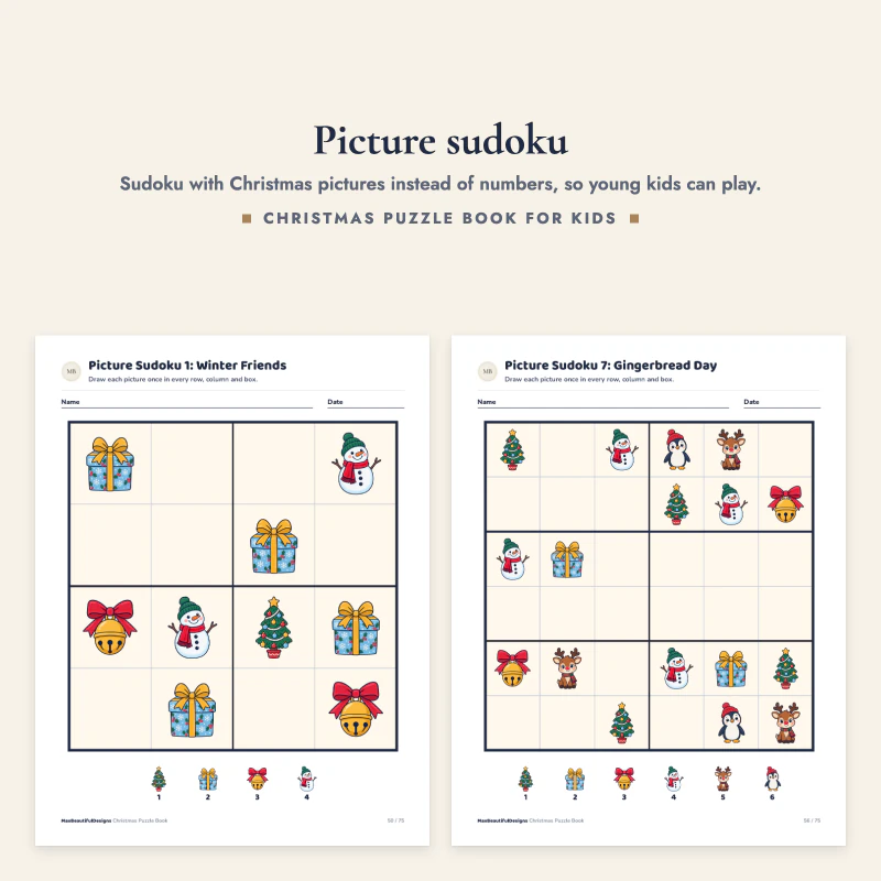 Two picture sudoku grids filled with presents, snowmen, penguins and gingerbread