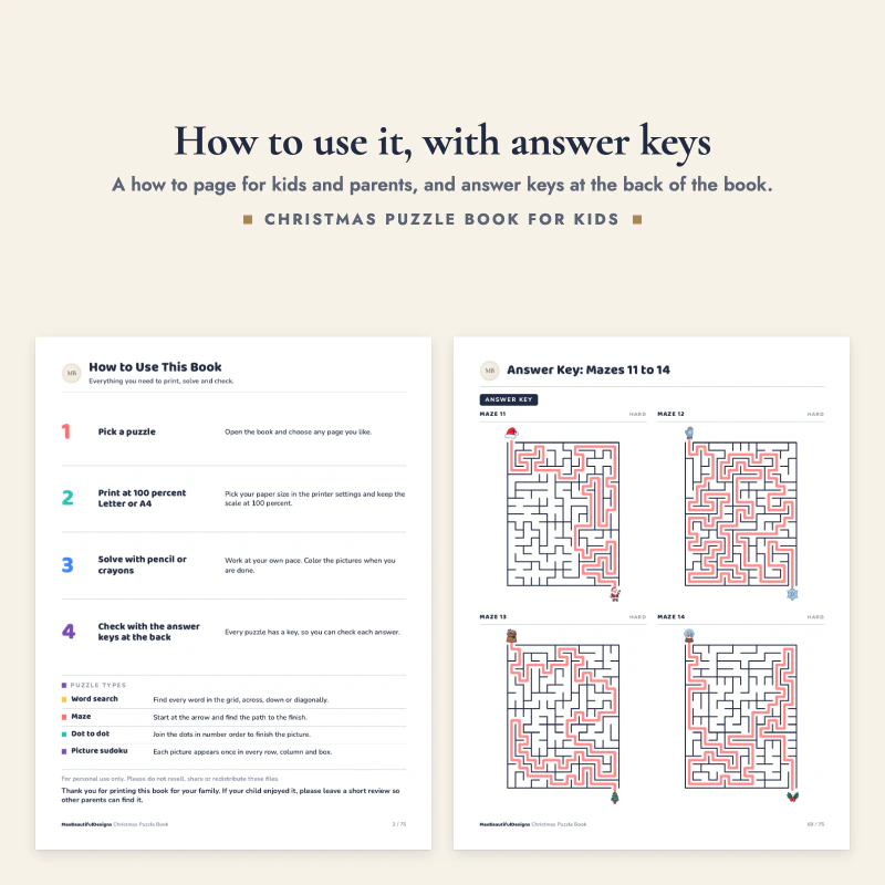 The How to use this book page with four steps next to an answer key page of four solved mazes