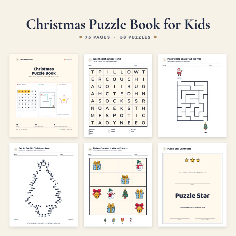 Christmas puzzle book: the cover, a word search, a Santa maze, a Christmas tree dot to dot, a picture sudoku with winter pictures and the Puzzle Star certificate