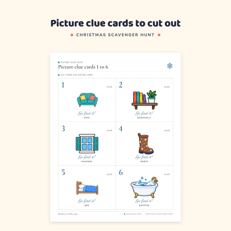 Picture clue cards 1 to 6 with a sofa, a bookshelf, a window, boots, a bed and a bathtub, each with Go find it