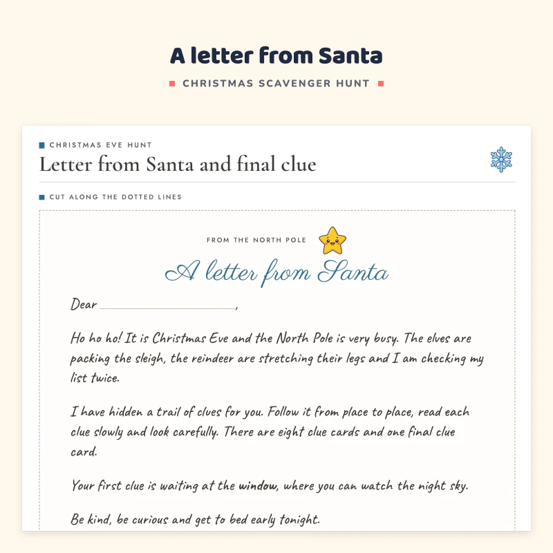 Letter from Santa and final clue page with a script letter and a rhyming last clue
