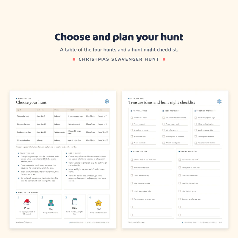 Choose your hunt page with a table of hunts and ready in ten minutes steps next to a treasure ideas and checklist page