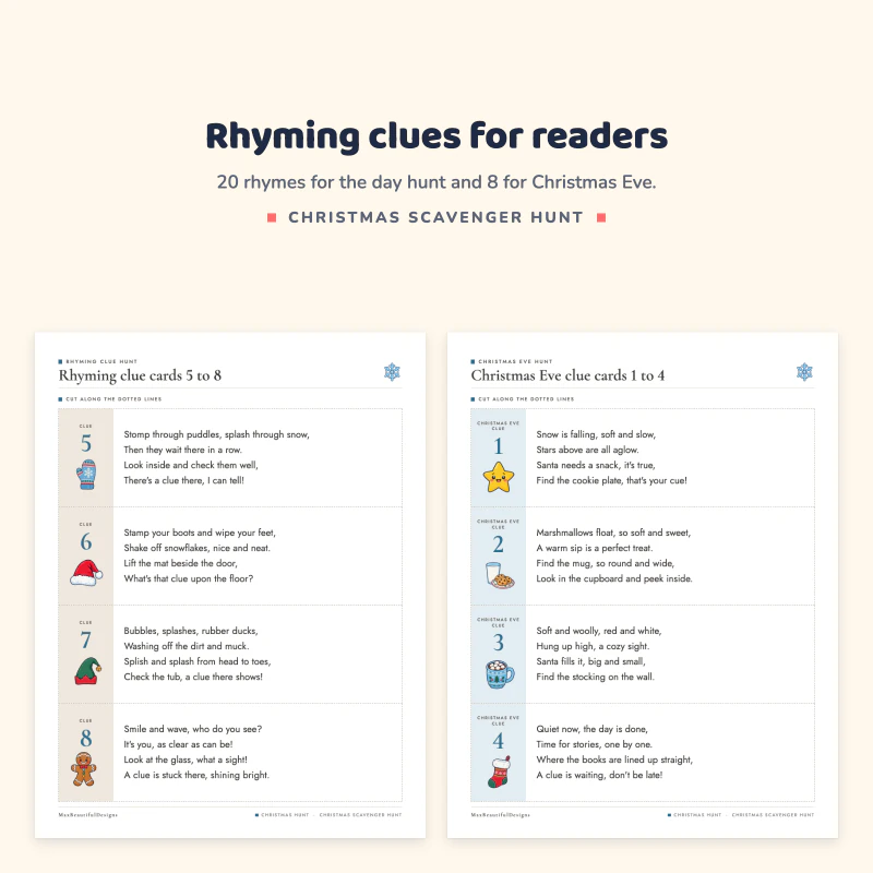 Rhyming clue cards 5 to 8 with a gingerbread man and a boot next to Christmas Eve clue cards 1 to 4